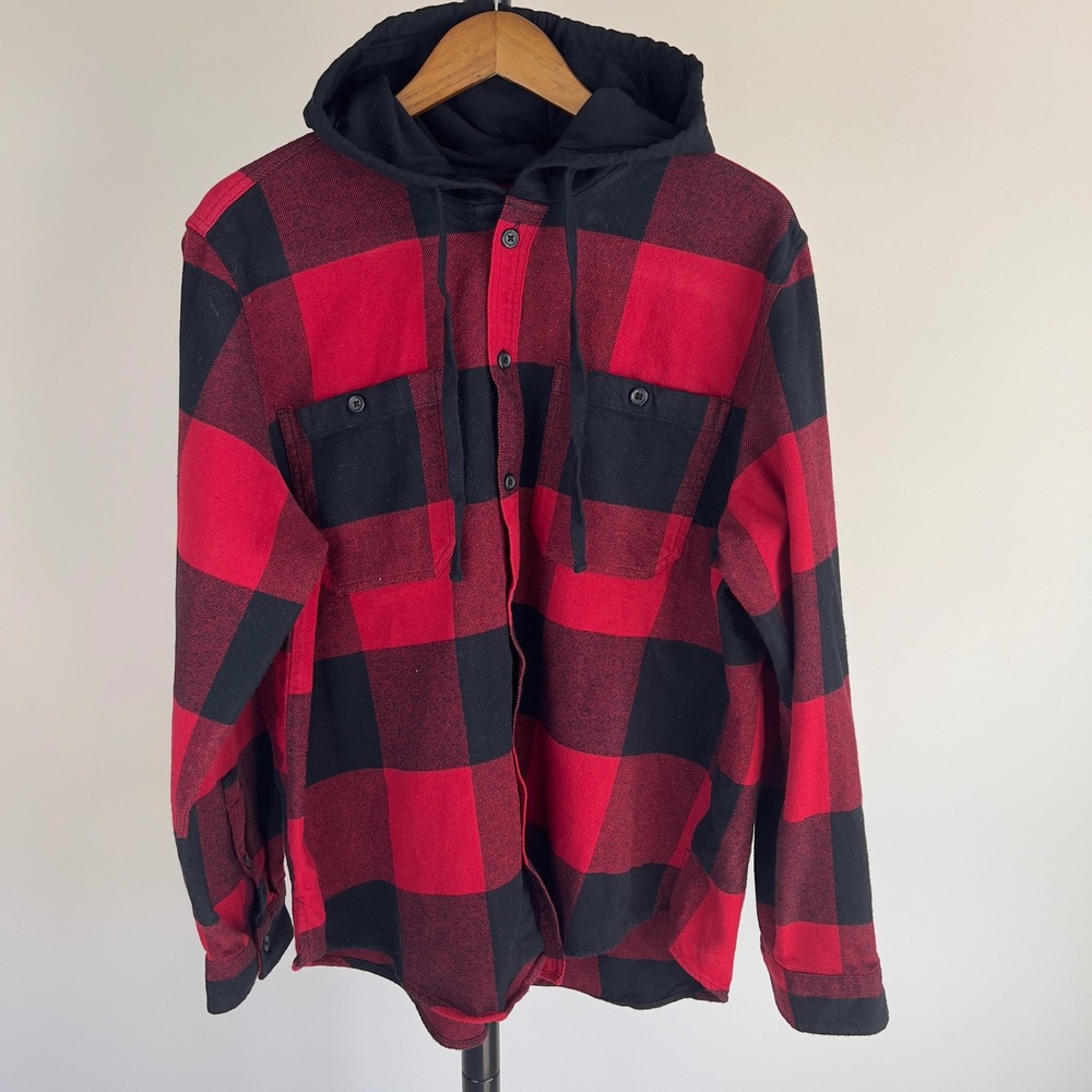 Mens XL Red Black Buffalo Plaid Hooded Flannel Shirt Grunge Streetwear